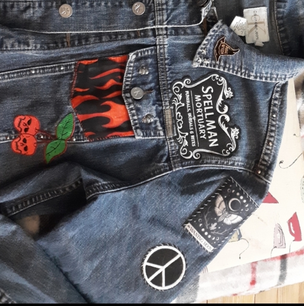 SOLD!!Chilling Adventures of a Hell Witch Calvin Klein y2k patch jean jacket - Picture 3 of 16